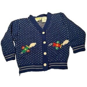 Vintage Baby Sweater Pride N Joy 12 M Cardigan Blue Birdseye Airplane V Neck